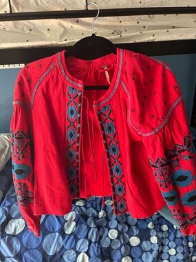 Free People Red Embroidered Boho Jacket with Blue Accents